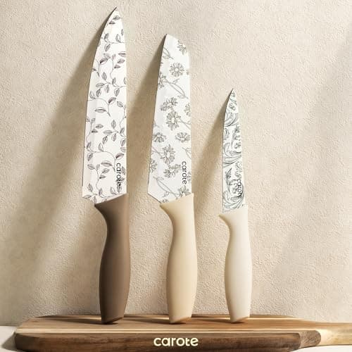 CAROTE 12PCS Knife Set, Kitchen Knife Set with 6 Blade Guards, Stainless Steel Knives Set With Nonstick Ceramic Coating, Rustproof, Delicate Floral Designs, White — view 7