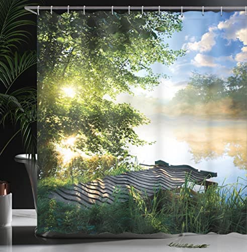 Ambesonne Landscape Shower Curtain, Fishing Pier by River in The Morning Clouds and Trees Nature Image, Cloth Fabric Bathroom Decor Set with Hooks, 69" W x 70" L, Green Blue — view 2
