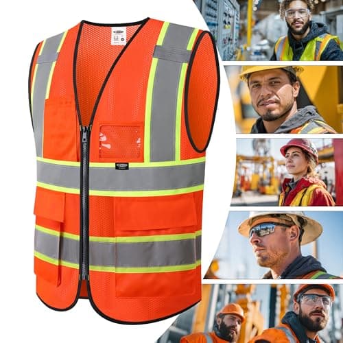 JKSafety Safety Vest for Men Women Hi Vis Vest with Pockets and Zipper Front Class 2 High Visibility Meet ANSI Standard Orange Color Extended Yellow Strips (BX320-Orange L) — view 5
