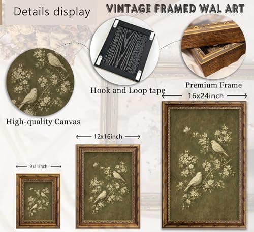 Vintage Gold Framed Bird Wall Art, White Flowers Botanical Oil Painting Canvas Print, Rural Animals Picture Wall Decor, Rustic Farmhouse Poster Artwork for Living Room Bedroom