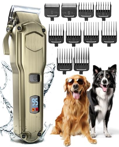 oneisall Pet Clippers for Grooming Professional,Cordless/Rechargeable Dog Grooming Kit with Detachable Metal Combs, Low Noise Heavy-Duty Dog Clippers for Thick/Curly/Fine/Wavy Hair (gold)