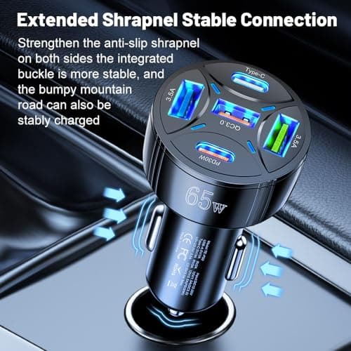 Alanph Super Fast Charging USB-C Car Charger Adapter, 65W 5-in-1 Multi-Port PD30W & QC3.0 Cigarette Lighter USB Charger for iPhone/Android/Samsung/iPad Pro (Black) — view 3