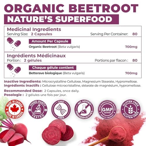*BONUS SIZE* 160 Capsules of High Potency Organic Beetroot Powder | 1,400mg per serving (700mg per capsule x2) | Energy Support | Antioxidant Support | A Natural Super Food | Canadian Made — view 5