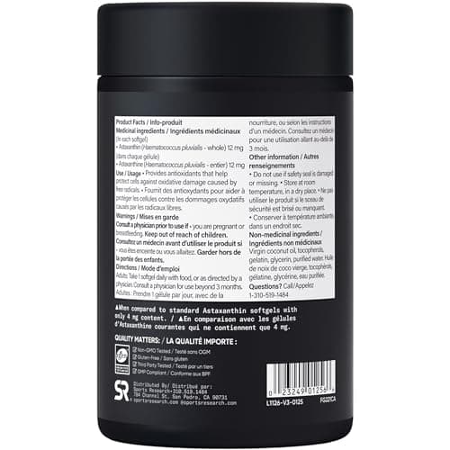 Sports Research® Triple Strength Astaxanthin Supplement from Algae w/Organic Coconut Oil - Natural Support for Skin & Eye Health - Non-GMO & Gluten Free - 12mg, 60 Softgels - 2 Month Supply