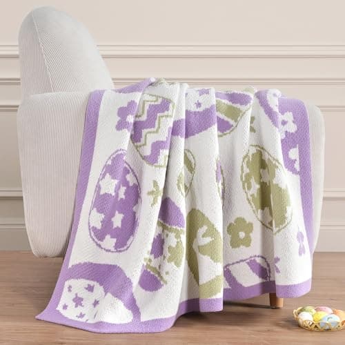 Amélie Home Animal Chenille Throw Blanket for Couch, Bunny and Eggs Knit Throws, Cozy Soft Summer Party Themed Blankets for Sofa, Bed, Gift & Decor, 50"x60", Purple/Green — view 5