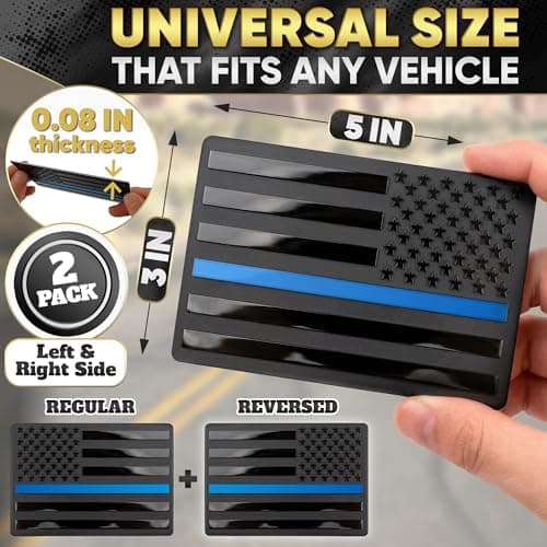 3D Black American Flag Decal for Car with Blue Line | Embossed Aluminum – 1 Pair 5"x3" Matte Black Brushed Metal | UV-Proof Rust-Free US Flag Stickers for Car, Truck, SUV, Motorcycle, Laptop, Mailbox