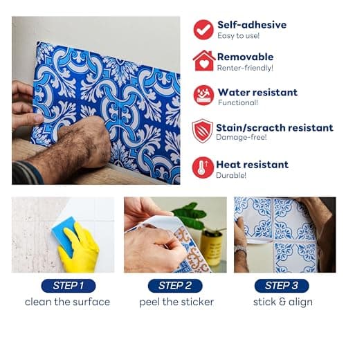 Poromoro Spanish Portuguese Azulejo Style Peel and Stick Backsplash Tile Stickers Set of 16 pcs(5.9_21) — view 3