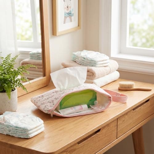 Hadnves Quilted Diaper Wipe Pouch Hanging Floral Wet Wipes Bag Reusable Fabric Cover with Zipper & Lanyard for Car Daily Casual Travel Mommy Bag (C) — view 4