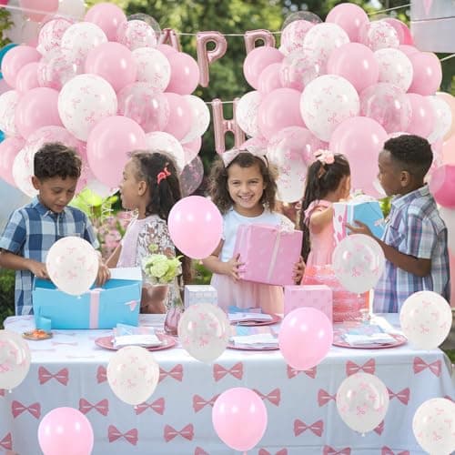HILAVO Pink Bow Balloons, 12 Inch Pastel Light Pink Transparent White Bow Print Coquette Balloon for Girls Women Birthday Bachelorette Party Bridal Baby Shower Wedding Anniversary Decorations Supplies — view 4