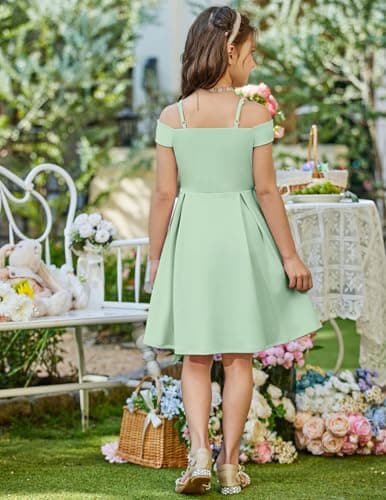 Arshiner Girls Summer Dress Off Shoulder Fold Pleated Formal Elegant A-Line Party Dresses with Pocket Light Green for 13-14Years Girls — view 5