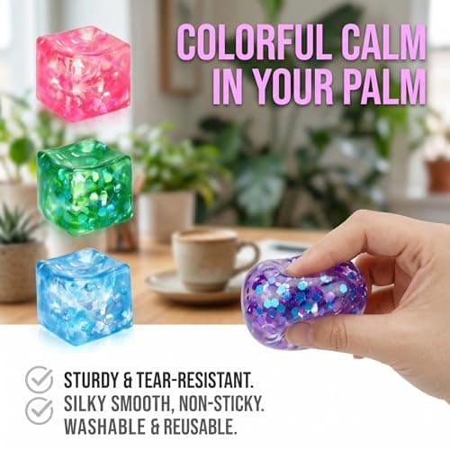 4 Pack Glitter Ice Cube Squishy, Slow Rising Stress Relief Toys, Square Stree Balls Fidget Toys for Adults Boys Girls, Squeeze Ball Sensory Toys for Kids with Autism, Party Favors Gifts — view 2