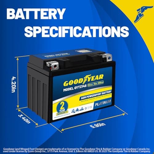 Goodyear GYTZ14S - 12 Volt 13 AH, 230 CCA, Rechargeable High-Performance, Maintenance Free, SLA - AGM Battery for Motorcycle, ATV, UTV, Scooter, Snowmobile, Motorbike and more!