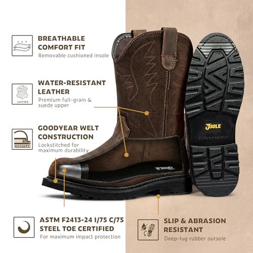 J‘s.o.l.e Men's Steel Toe Cowboy Work Boots Round Toe Pull-On Leather Safety Shoes Oil Slip Resistant Heavy Duty Brown US 12 — view 3