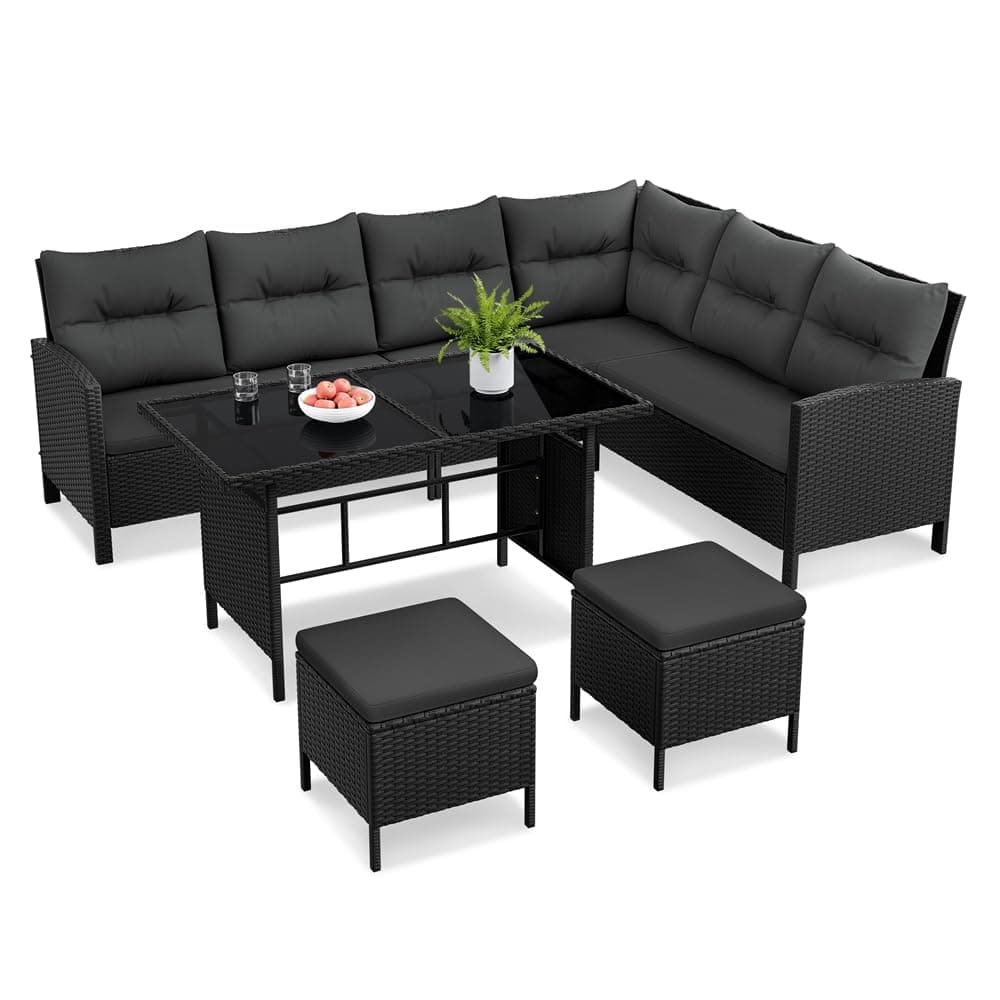 Yaheetech Juego de Muebles de Jardín 4 Piezas, Sofás de Ratán para Exterior con Mesa de Vidrio Templado Mesa y Sillas para Balcón Terraza Patio, Negro/Gris