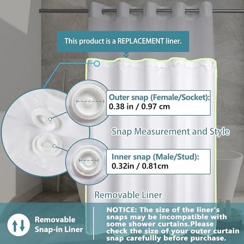 Snap in Shower Curtain Liner Replacement Shower Curtain Liner Removable Liner (1 Pack, 70" W x 54" H-White) — view 2