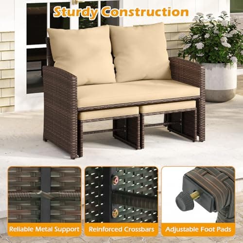 Tangkula Outdoor Loveseat with 2 Ottomans, 3 Pieces Patio PE Wicker Furniture Set with Cushions, Outside Rattan Conversation Set for Balcony, Garden and Backyard (Brown) — view 8
