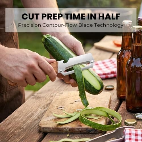 Sakerplus Multifunctional Vegetable Peeler with Wooden Handle and Bottle Opener, 2-in-1 Stainless Steel Blade, Contour-Flow for Kitchen Prep, Camping, Apple Potato Pumpkin Papaya Peeling — view 6