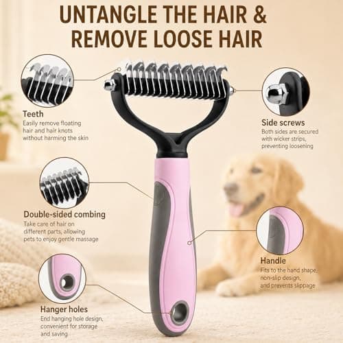 Pet Knotter for Dogs/Cats, Double Sided Pet Grooming Brush,Undercoat Rake Pets Brush for Long Hair Professional Deshedding Tool, Pets Hair Remover Shedding (Pink-L) — view 3