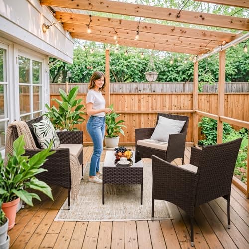 Homall 4 Pieces Outdoor Patio Furniture Sets Rattan Chair Wicker Set,Outdoor Indoor Use Backyard Porch Garden Poolside Balcony Furniture (Brown and Beige) — view 3