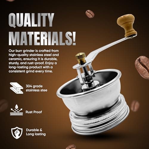 Stainless Steel Coffee Grinder Lid Attachment for Regular Mouth Mason Jars - Manual Crank Burr Grinder for Fresh Coffee, Ideal for Camping, Home Barista, Rust Proof Ceramic Mechanism