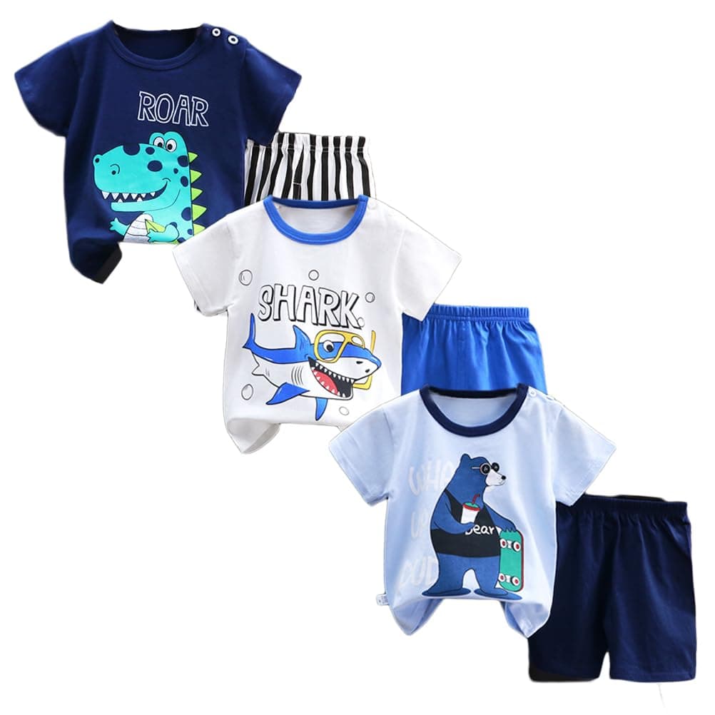 XM-Amigo Bebé Niños Conjunto de 3 Juegos de Manga Corta y Pantalones Cortos de Media Manga, Paquete de 6 (con/sin Hebilla para el Hombro)