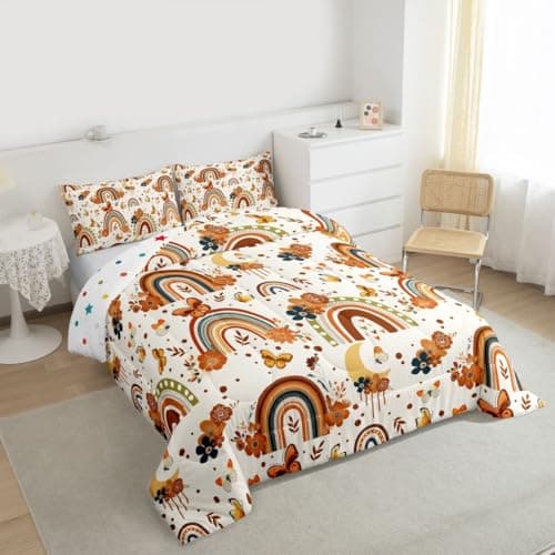 Erosebridal Girls Rainbow Comforter Set Twin Boho Butterfly Kids Bedding Set Bohemian Flowers Floral Leaves Quilt Set Moon Dream Catcher Bed Set Orange Tribal Exotic Style Room Decor 1 Pillow Case — view 2