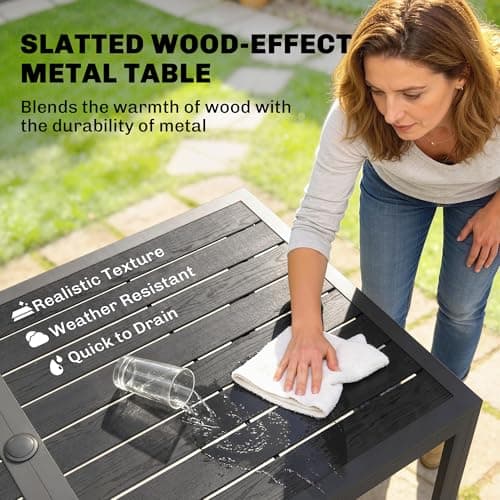 Outsunny 7 Pieces Outdoor Dining Set for 6, Rectangle Wood Effect Metal Patio Table and Mesh Stackable Chairs with Umbrella Hole, Patio Furniture Set for Garden, Yard, Black — view 3