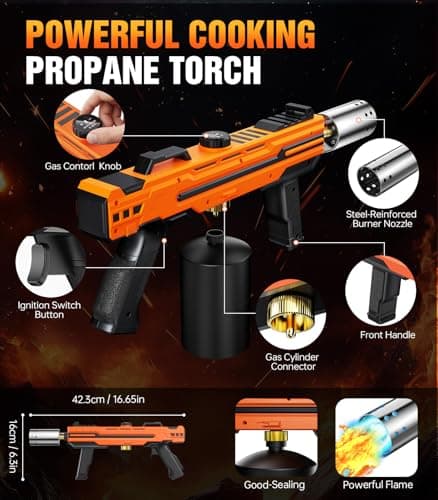 Powerful Propane Torch Gun, Flame Thrower Kitchen Torch Cooking with Adjustable Flame, Torche Propane Gun Butane Torch for Searing Steak, BBQ, Campfire, Fireplace (Tank Not Included)(Orange) — view 5