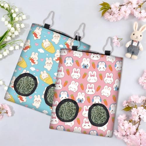 PRESSINART 2Pcs 2 Styles Hanging Rabbit Hay Feeder Bag 11.6 x 9.1 Inch, Bunny Hay Bag Pink Blue Cute Cartoon Design Cloth Washable Feeding Holders with 2 Holes for Guinea Pig Chinchillas Hamsters — view 2