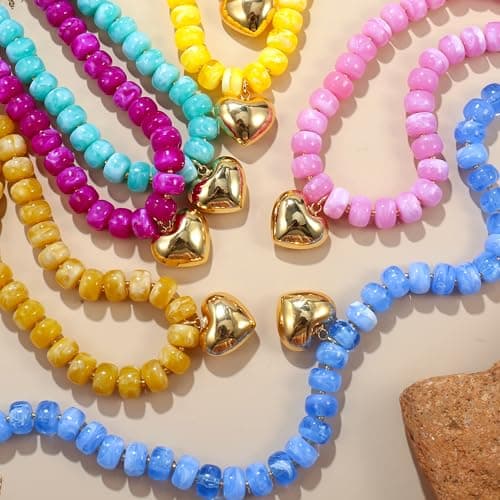 Wassazi Blue Chunky Beaded Necklace for Women, Colorful Acrylic Bead Statement Puff Heart Pendant Necklace, Cute Boho Y2K Choker Necklace for Gift Jewelry — view 6