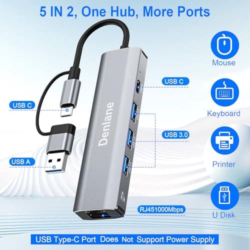 Denlane USB C USB 3.0 to Ethernet Adapter, 5 in 2 Gigabit USB Ethernet Hub for Laptop with 4-Port USB-A 3.0 and USBC, 1000Mbps RJ45 LAN Network Adapter Compatible with MacBook/iPad Pro/Phone/Tablet