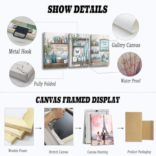CXHOSTENT 3Pcs Blue Bathroom Wall Art Decor Rustic Bathroom Picture Quotes Sign Canvas Prints Farmhouse Toilet Paintings for Washroom Decor Framed (Blue, 11x14inchx3 Pieces) — view 5