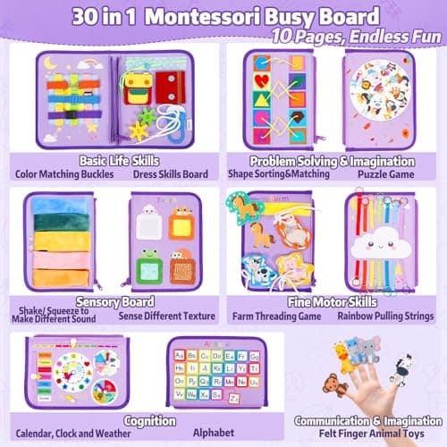 Esjay Toddler Busy Board, Montessori Toys Busy Book, Sensory Board Birthday Gifts for 3+ Years Old Girls Boys, Learning Educational Toy for Fine Motor Skills, Travel Activities for Airplane Car