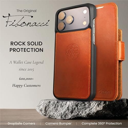 Dreem Real Leather Wallet Case for iPhone 17 Pro Max, Revolutionary Vert/Hor Phone Stand, Magnetic Detachable Flip Cover RFID Blocking Card Holder, MagSafe-Fit, Gift Box [Fibonacci: Caramel] — view 3