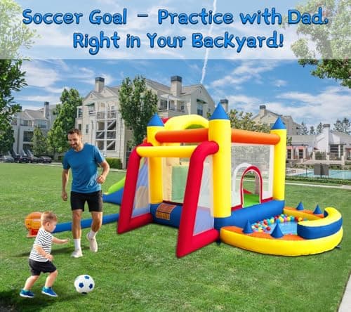 Hongcoral 8 in 1 Bounce House for Kids with Long & Wide Slide, Large Climbing Wall and Ball Pit (Water Pool) - Backyard Inflatable Playground - Extra Small Slide, Tunnel Adventure and Soccer Goal — view 3