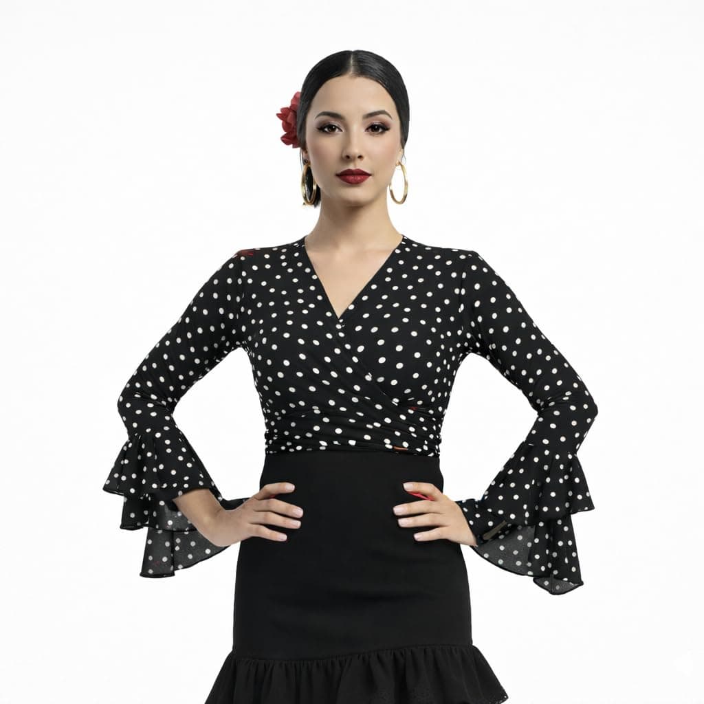 Bolero Torera Top Cruzado Flamenco Tejido elástico Manga Larga con Dos Volantes — view 10