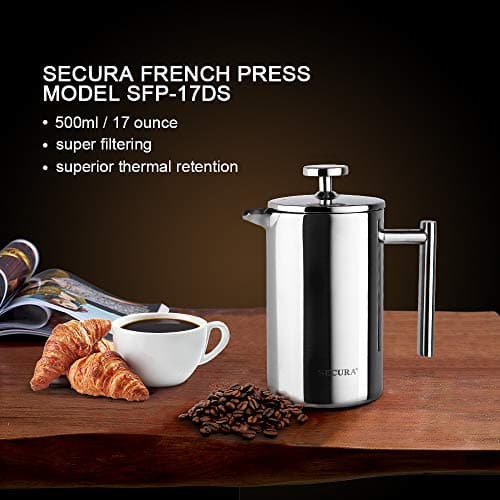 Secura French Press Coffee Maker, 304 Grade Stainless Steel Insulated Coffee Press with 2 Extra Screens, 17oz (0.5 Litre), Silver — view 6