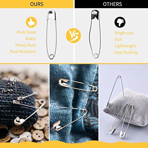 XKDOUS 3 Most Universal Safety Pins Assorted Sizes, Small & Large Safety Pins for Clothes, 150 Pack Silver Sharp Edge Pins for Clothing, Sewing & Craft Supplies — view 4
