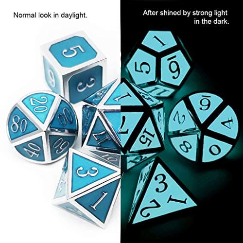 Haxtec Glow in The Dark Metal Dice Set Glowing Blue Silver W/ Dragon Dice Bag 7 Die D&D Dice Set for Dungeons and Dragons RPG Games-Silver Glowing Blue — view 3