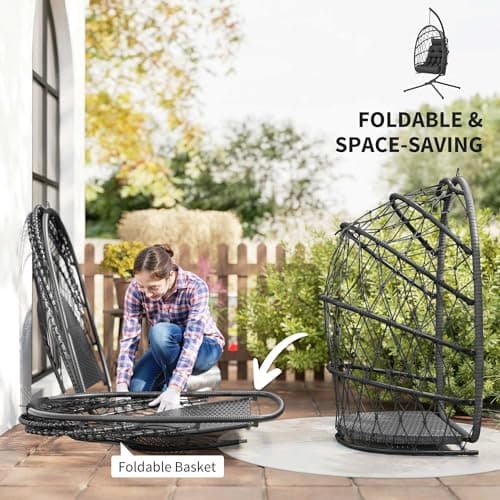 Outsunny Hanging Egg Chair with Stand, Foldable Wicker Rattan Swing Chair with Thick Cushion and Safety Rope for Patio Garden, Supports 264 lbs, Black — view 3