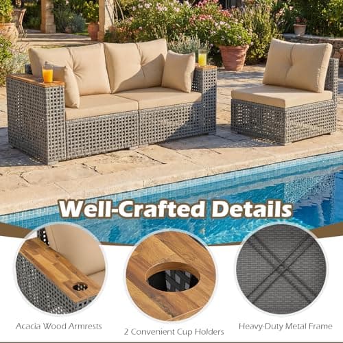 Tangkula 86.5" Large 3-Seat Patio Wicker Sofa, 3 Pieces PE Rattan Sectional Furniture Set with Cup Holder & Wood Armrest, Outdoor Couch with Armless & 2 Corner Sofas for Garden, Yard, Porch (Brown) — view 8