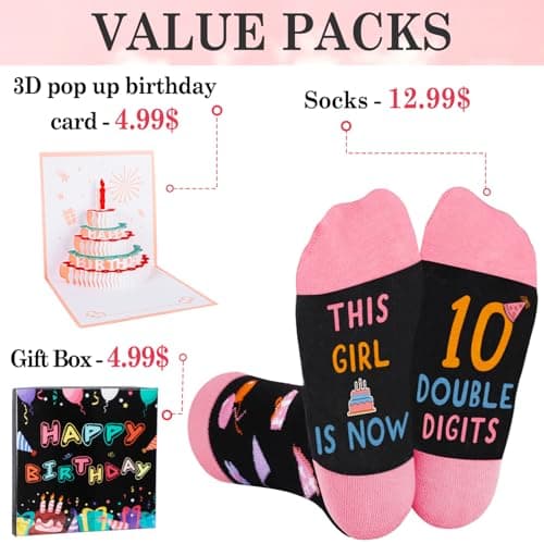 10 Year Old Girl Gift Ideas, Socks for 10 Year Old Girls, 3D Pop Up Birthday Card, 10th Birthday Gifts for Girls — view 4