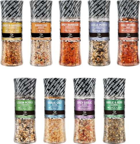 Soeos Spice Grinder Set of 9, Pure Fresh BBQ Seasoning for Grilling, Adjustable Pepper Mill with Refillable Glass Bottles