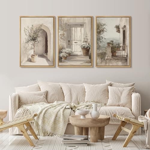 wall26 Framed Canvas Print Wall Art Set Mediterranean Courtyard with Olive Trees and Sunlit Doorway Illustrations Modern Art Decorative Multicolor for Living Room, Bedroom, Office - 24"x36"x3 NATURAL
