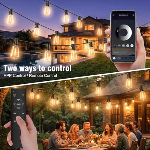 Skoiuc Outdoor String Lights 100FT, APP & Remote Control Dimmable Patio Lights, Plug in LED String Lights with Timer, Waterproof Backyard Pergola Garden Party Decor