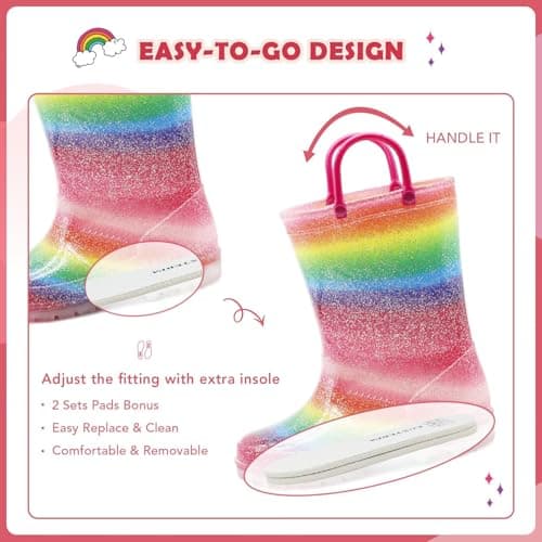 EUXTERPA Kids Toddler Light Up Rain Boots Girls Waterproof Patterns and Glitter Boots with Easy On Handles, Rainbow, Toddler Size 9 — view 4
