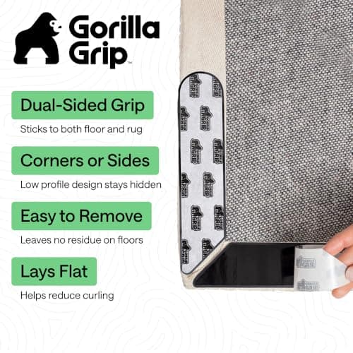 GORILLA GRIP Rug Gripper Pads Keep Area Rugs Corners from Curling, Reusable Double-Sided Stickers Holds Down Carpet in Place, Grips on Tile and Hardwood Floors Helps Prevent Sliding, Home Décor, 8 Pcs