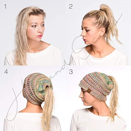 C.C Soft Stretch Cable Knit Messy Bun Ponytail Beanie Winter Hat (MB-816A) (Black Multi(32)) — view 5