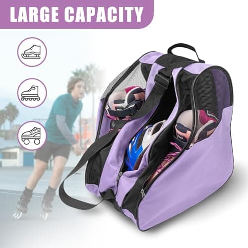 Purple Roller Skate Bag with Adjustable Shoulder Strap and Handle, Large Capacity Quad Inline Figure Skating Bag for Women Men Kids, Roller Skate Accessories — view 3