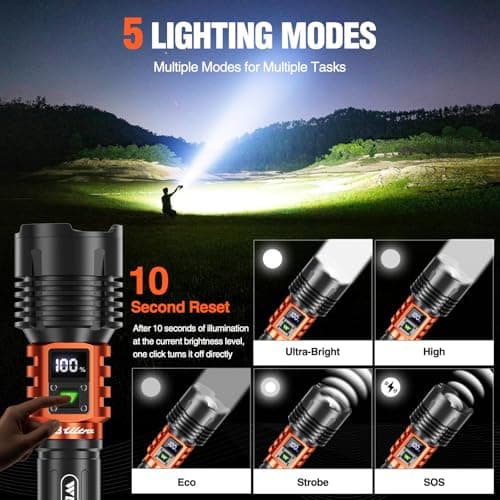 Wdtpro Rechargeable LED Flashlights High Lumens, Super Bright 90,000LM Rechargeable Flashlight with LCD Display, 5 Modes & Waterproof Powerful 10000mAh Handheld Flashlight for Camping Emergency Orange — view 4